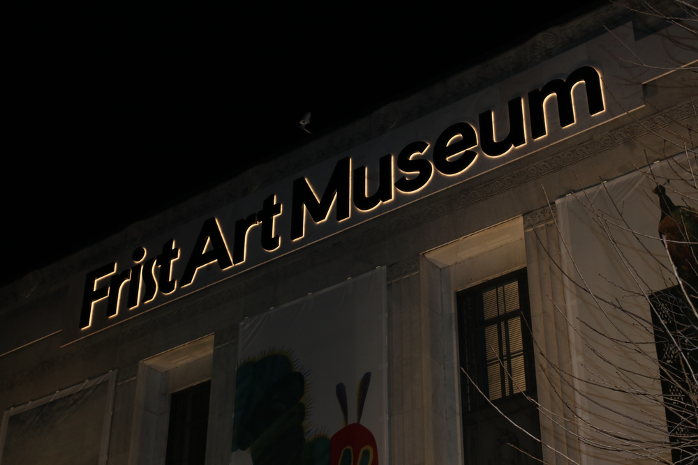 Frist Art Museum signage at night. The First Saturday Art Crawl is one of the best things to do in Nashville at night. 