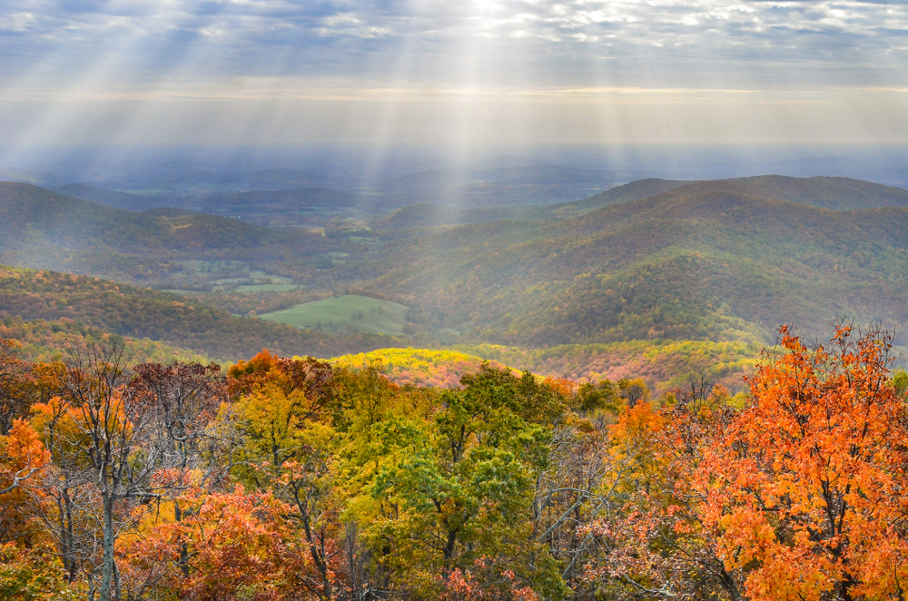 Rays of sunshine over the Shenandoah National Park in fall. 
