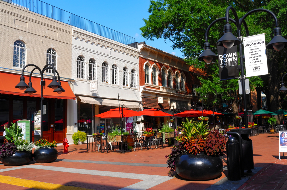 Downtown Charlottesville is full of lots to do, as shown in this strip of downtown that features shops and some of the best restaurants in Charlottesville!