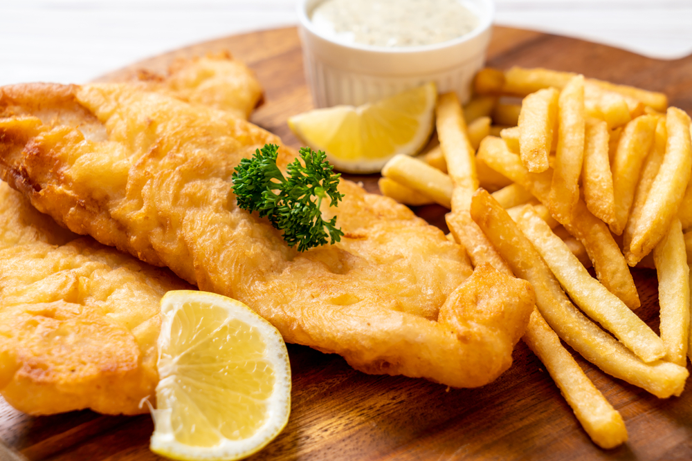 fish and chips with a dipping sauces from one of the best restaurants in marietta. 