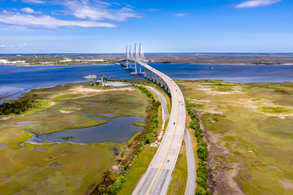 a long bridge stretches over a waterway in brunswick georgia. marshes surround the road leading to the bridge 