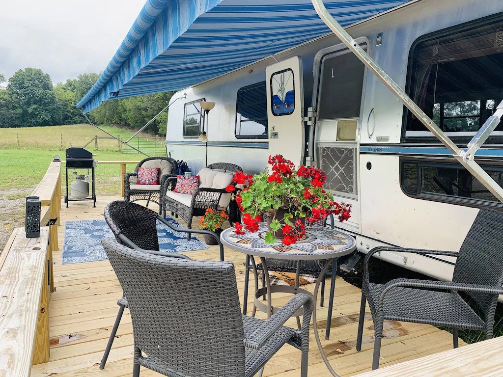 exterior of the glamping airstream and it's spacious porch