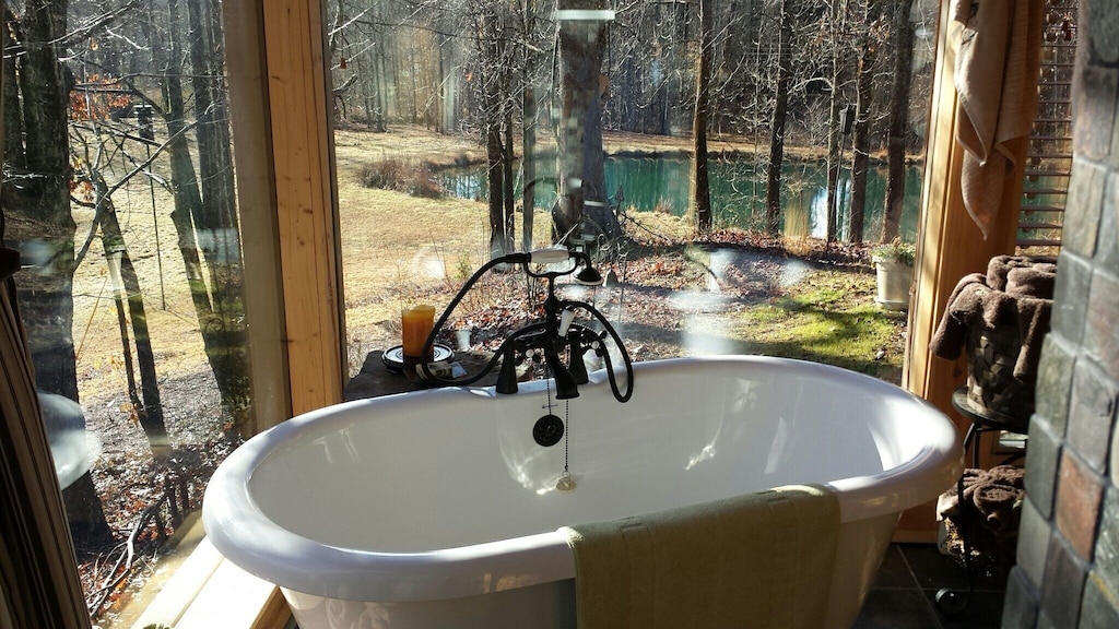 view of the clawfoot bathtub with huge windows overlooking the pond