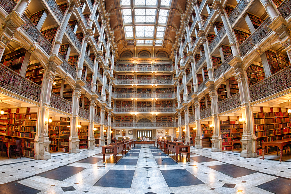 The pretty room inside the Peabody Library in Baltimore 