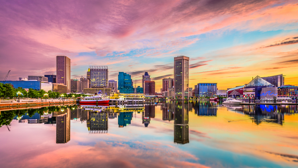 The skyline of a Baltimore at sunrise 