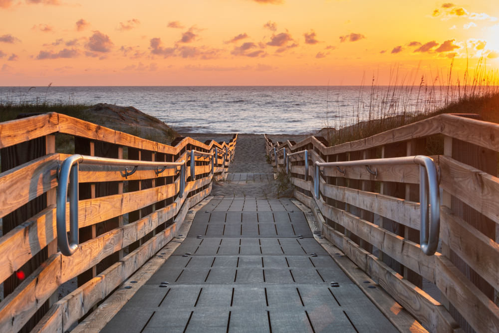 Boardwalk leading to the beach at sunset in the Outer Banks.
