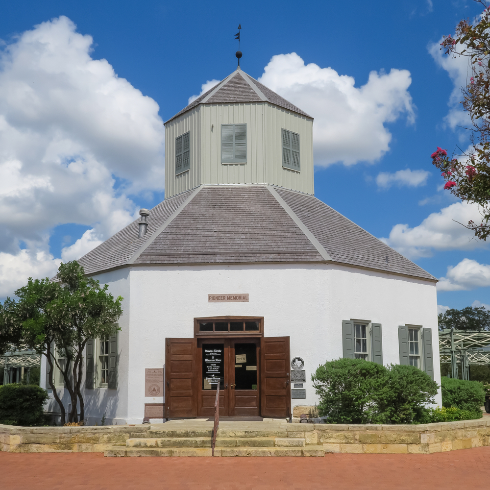 Replica of a pioneer church in a plaza in Fredericksburg Texas and it is part of their Pioneer Museum. This is one of the best things to do in Fredericksburg