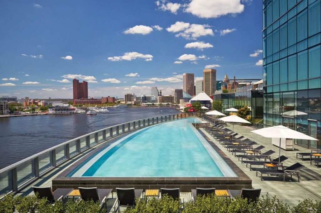 a beautiful pool on the water in Balitmore Maryland. 