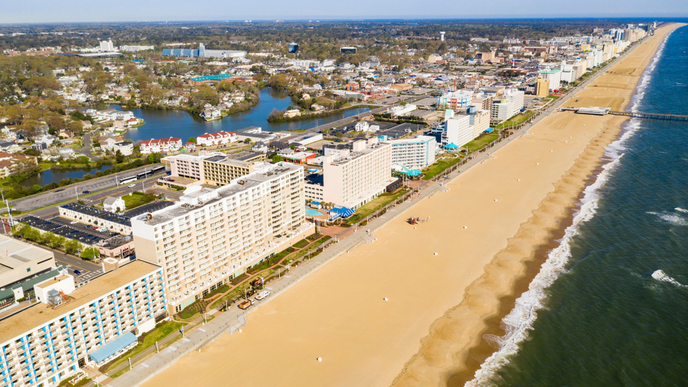 ocean city beach in Maryland aerial view with hotels and a big sandy shore