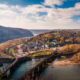 great aerial view of fall foliage in harpers ferry from maryland heights, one of the great scenic views in the area