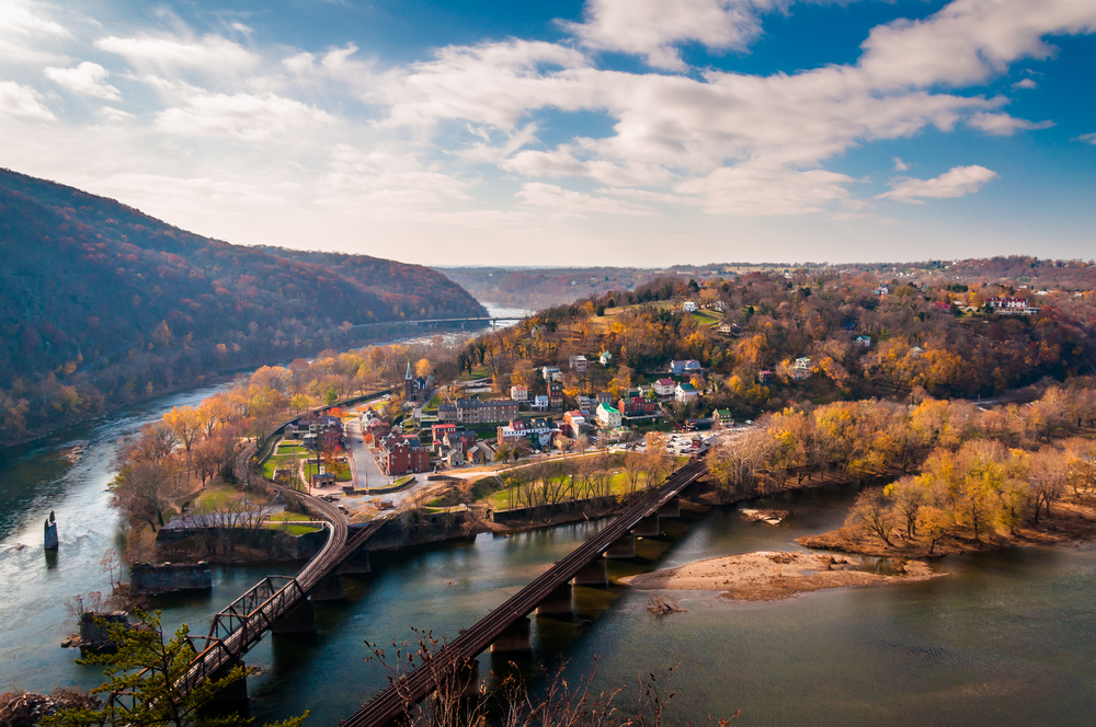 great aerial view of fall foliage in harpers ferry from maryland heights, one of the great scenic views in the area