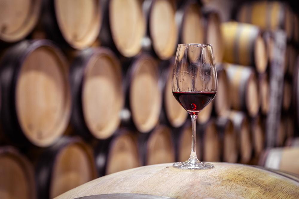 photo of a wine glass with red wine on a barrel, in front of barrels of wine stacked on top of each other in a straight line 