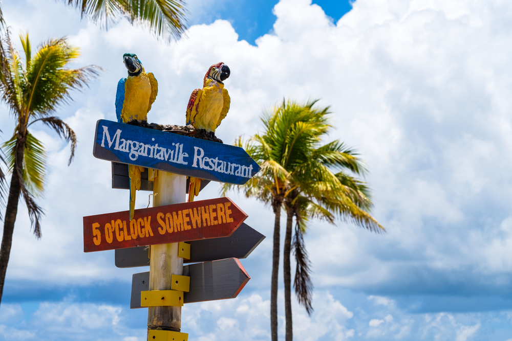 photo of the Margaritaville Resort restaurant direction sign with two parrot statues sitting on top