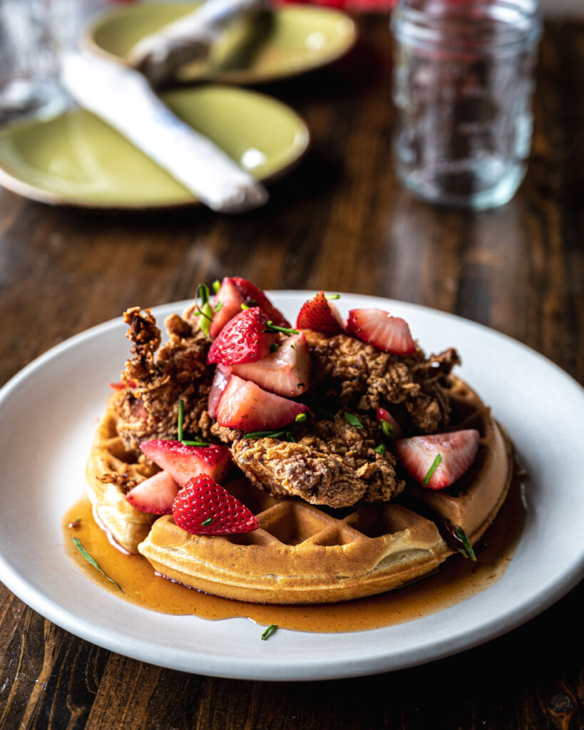 Sunday brunch in Austin with strawberry chicken and waffles