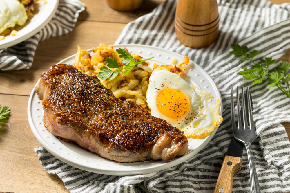 a great plate of classic steak and eggs featured on the menu of the best brunch in Dallas!