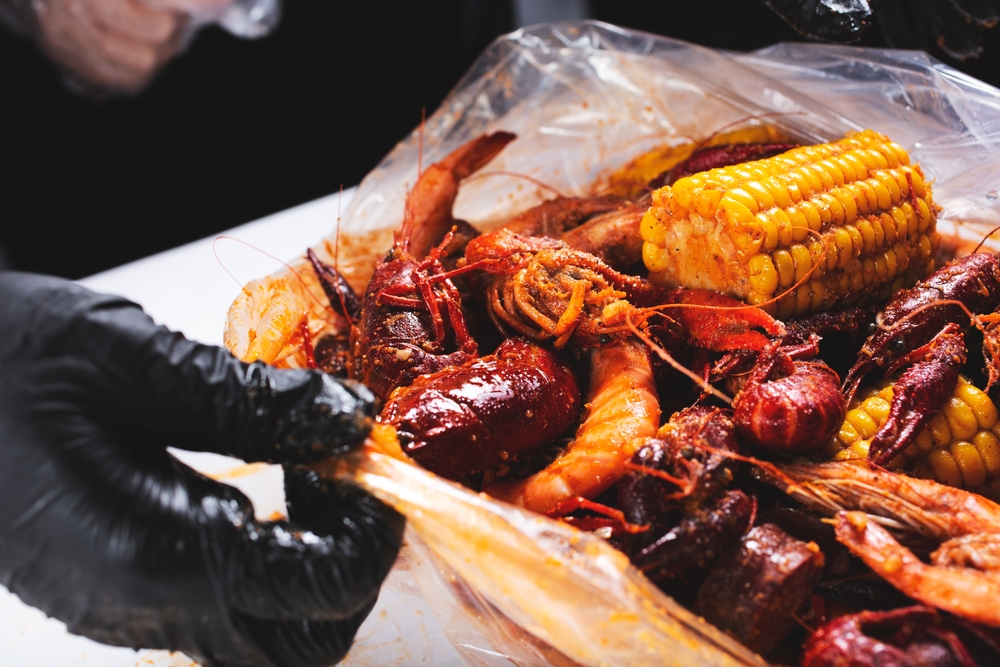 a boil bag of yummy seafood in Savannah GA with corn, shrimp, and other goodies 