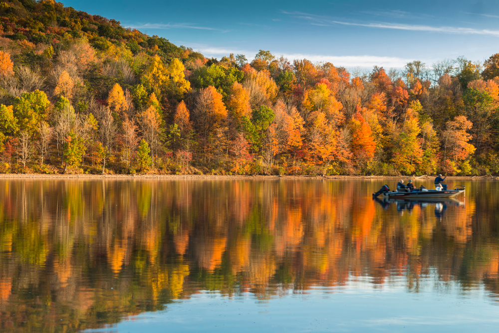 a fishing boat on the calm waters of rocky gap state park with colorful trees in the back round 