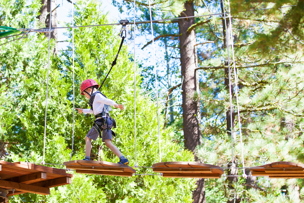 young boy enjoys the sky high treetop adventure course, exploring one of the fun things to do with kids in Nashville