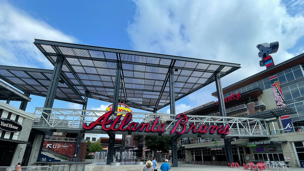 An entrance to Truist Stadium in Atlanta, Georgia. The stadium is a ballpark and the home field of Major League Baseball team of Atlanta Braves.