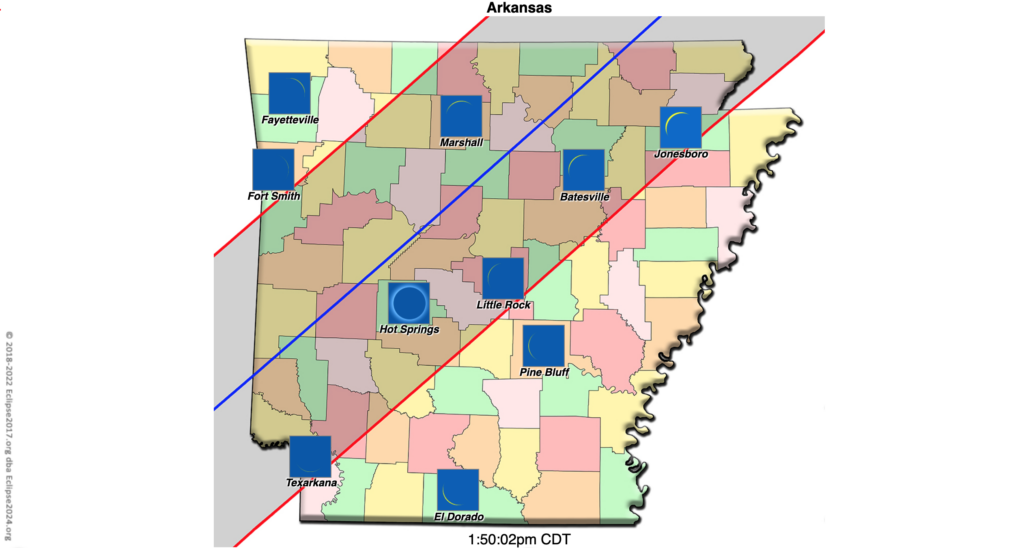 A map of Arkansas, with a grey line depicting where the path of totality will be and which cities will be able to see the Arkansas Solar Eclipse.