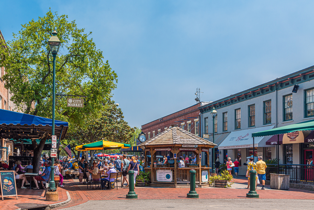People shopping and dining at the City Market in Savannah.