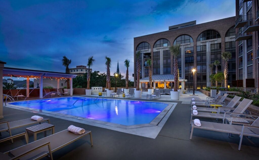 Dusk over the rooftop pool at The DeSoto.