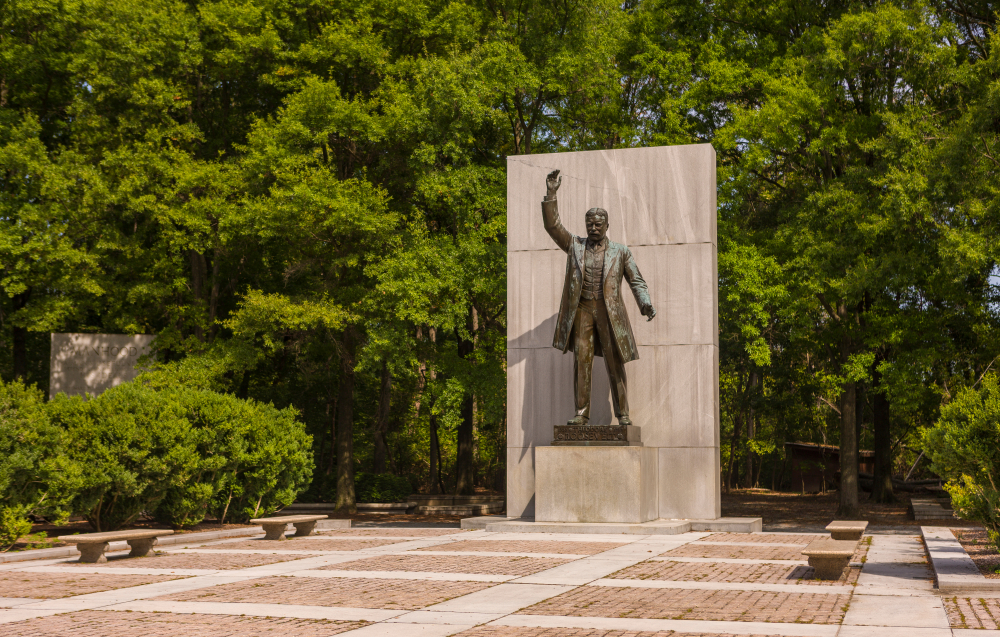 Statue of Theodore Roosevelt near trees.