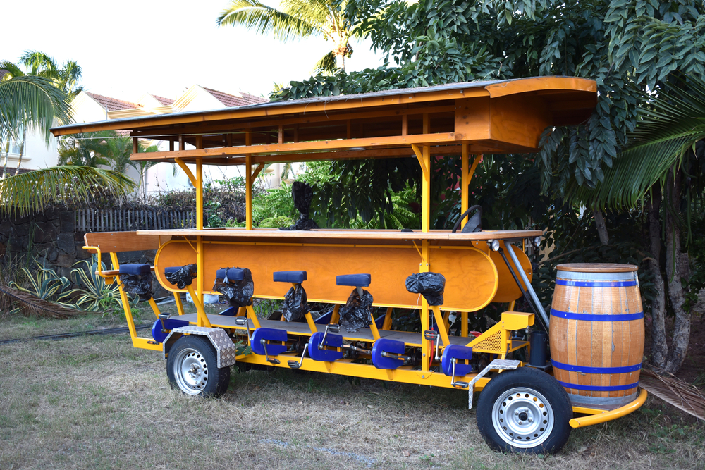 taking a bike bar is so much fun for Dallas for adults. here is a 10 seater bike with cute barrels and it is yellow in color. 