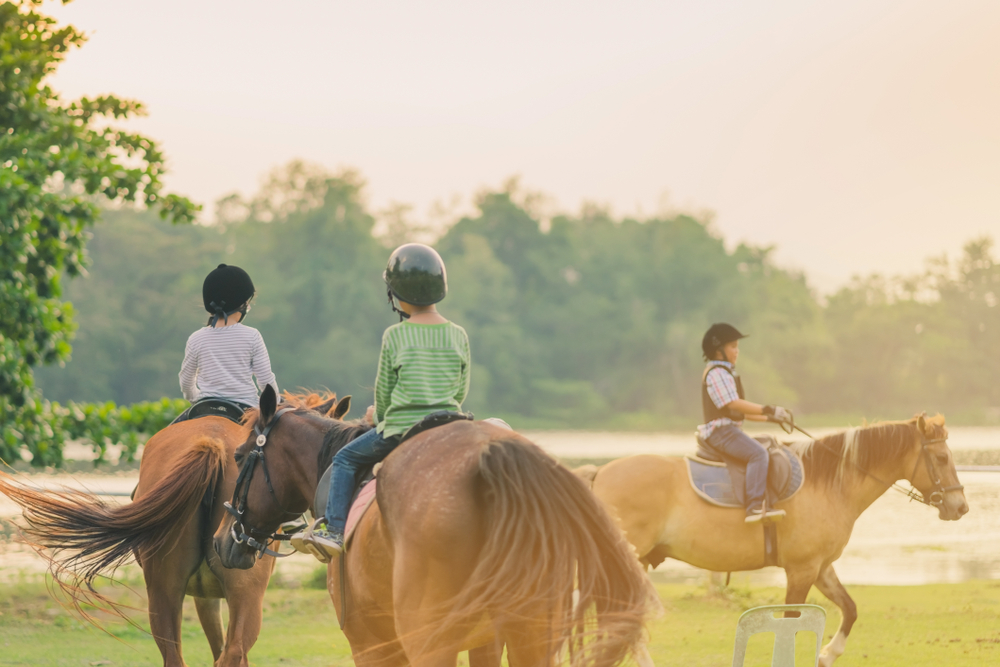 three children horseback riding in Georgia, all three are wearing helmets, trees in the background
