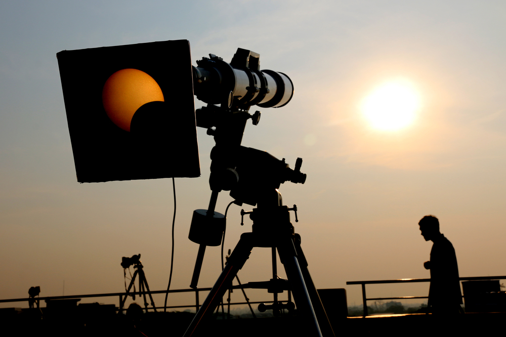a camera with a solar filter for the Texas solar eclipse set up to view the eclipse 