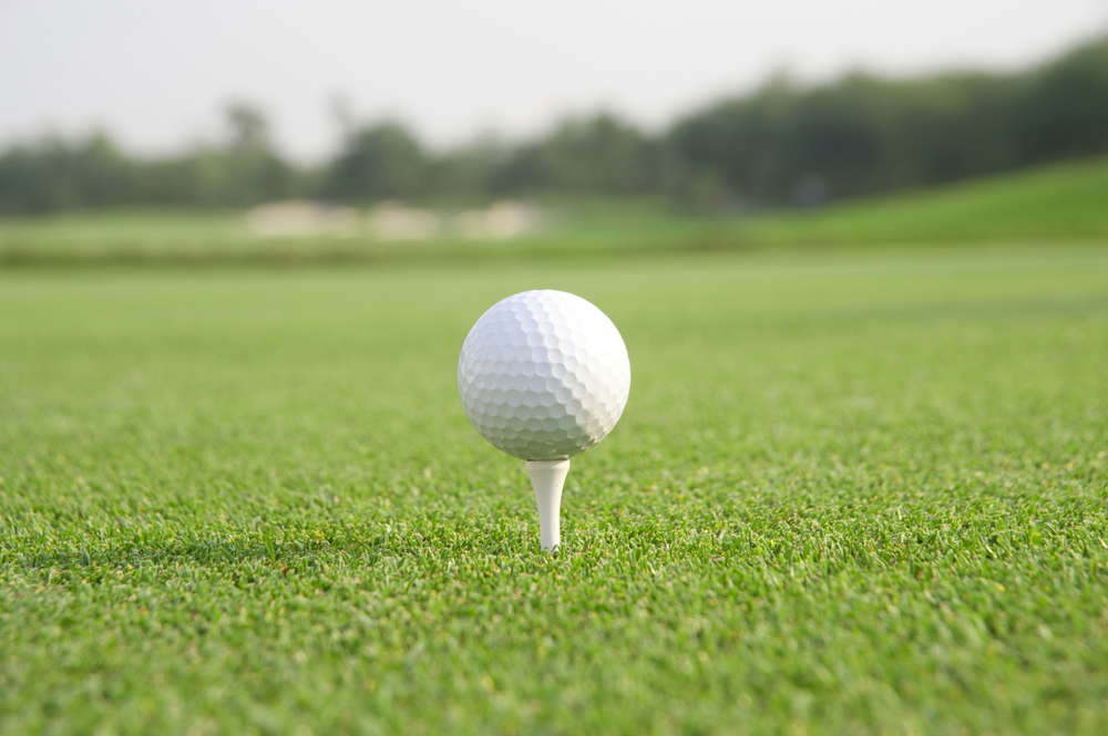 A white golf ball sits on top of a tee surrounded by the green grass of a golf course.