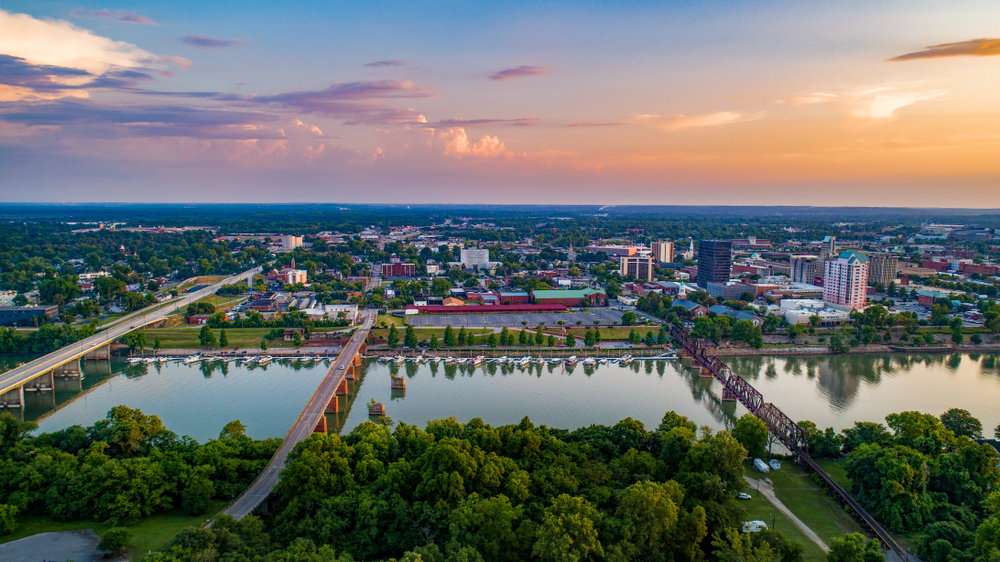 Thee city of Augusta from an arial view known for having one of the best golf courses in Georgia. The river and downtown city scape