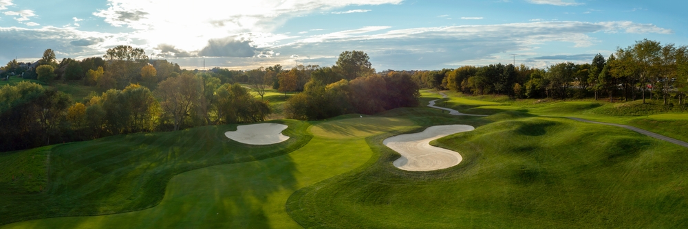 great aerial shot of a fairway, basic feature at one of the best golf courses in Maryland!