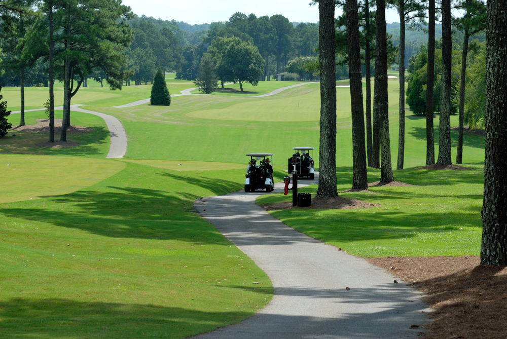 The hilly golf course with Georgia pines, and two golf carts on the cart path