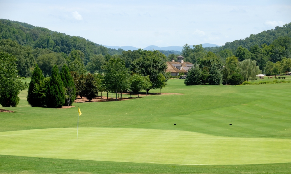 Old Tocca has wide open fairway of golf course with Blue Ridge Mountains in the background with tons of trees