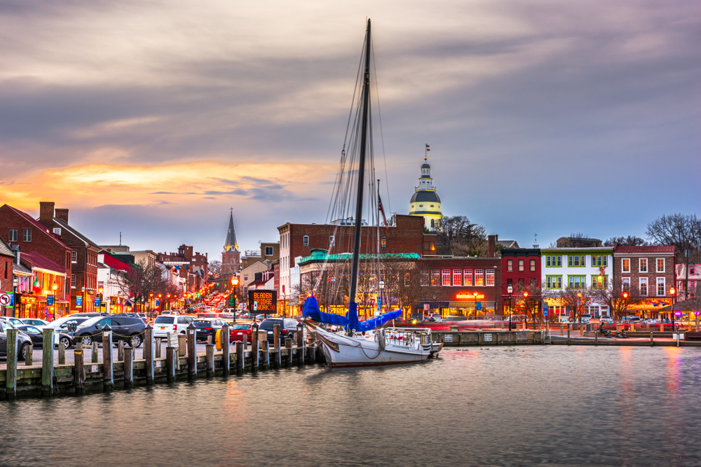 A great view of Annapolis off the harbour, with lights shining brightly at dusk!