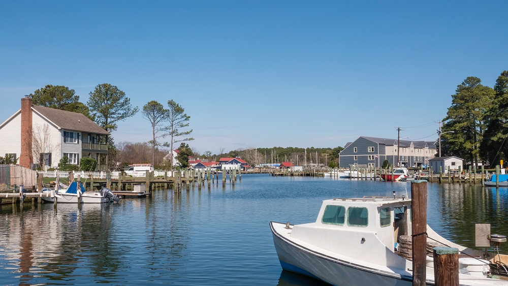 Part of St. Michaels Harbor in historic Saint Michaels, Maryland, in spring. One of the Chesapeake Bay Towns to visit 
