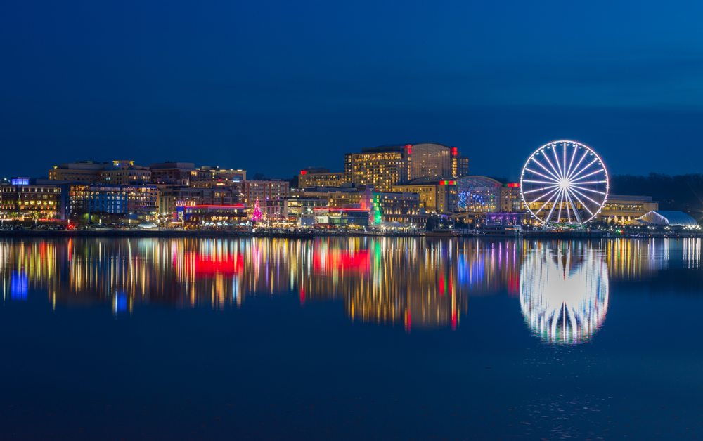 the view of the harbor in Maryland all decorated for Christmas time