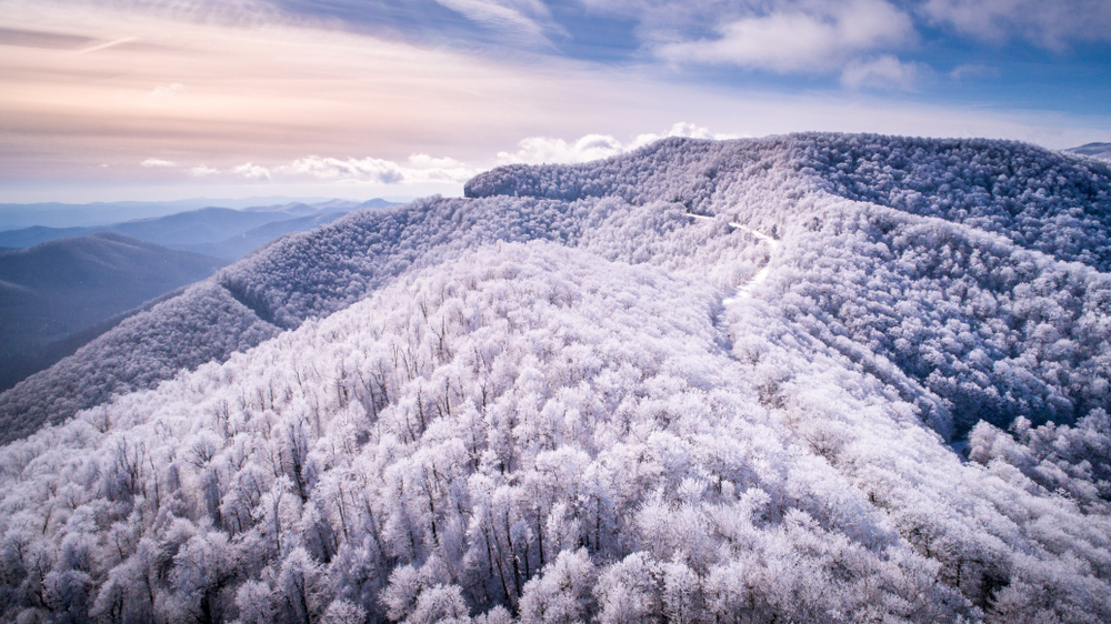 snow on the mountain tops in Asheville North Carolina 