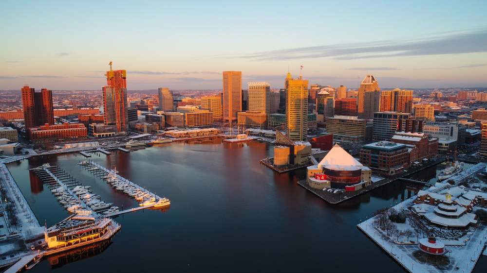 snow in Baltimore during christmas time with a drone shot 