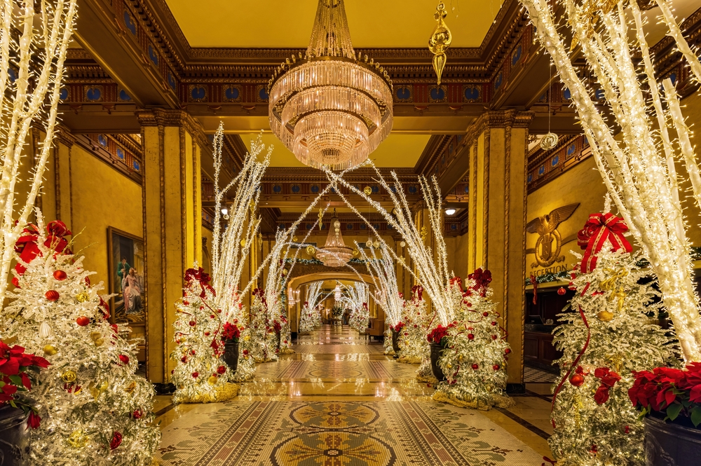 a photo of a hotel lobby decorate with birch branches and christmas trees covered with lights 