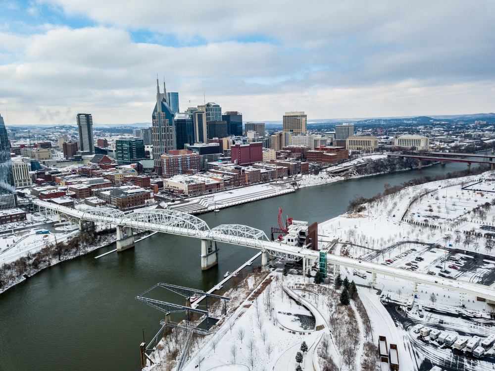 Sometimes Christmas in Nashville means snow: this arial photo shows the city coated in white.
