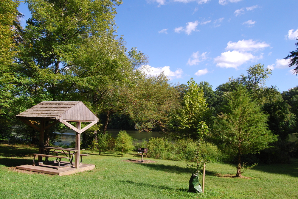 view of a picnic bench on the left in front of a small lake on a sunny afternoon 