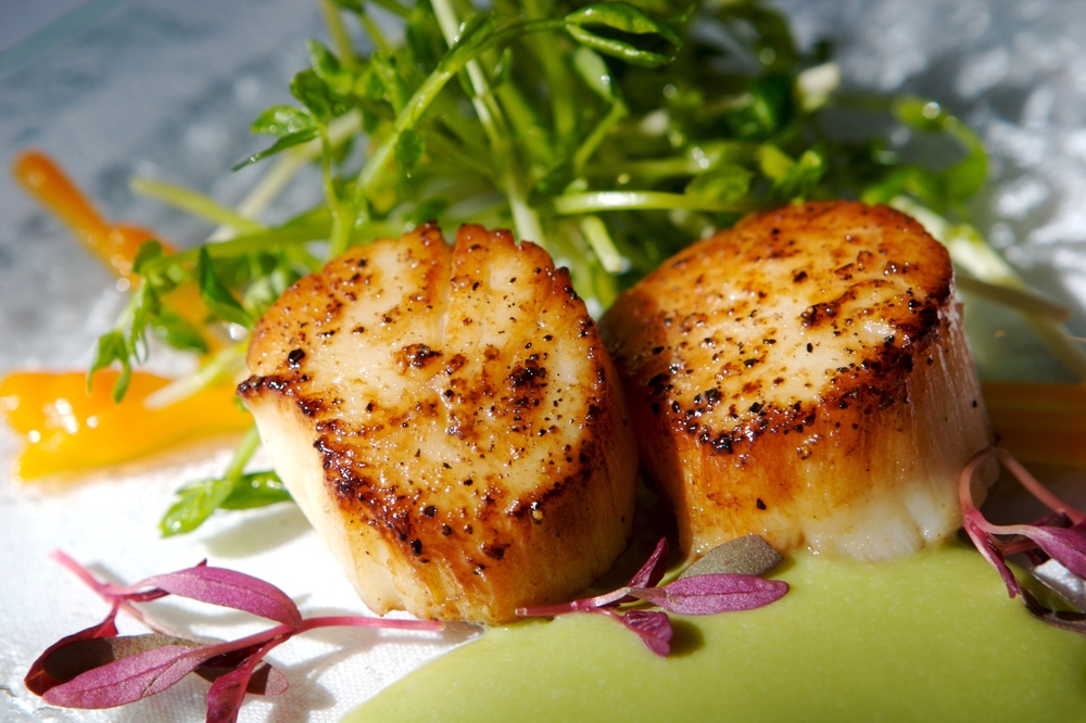 seared scallops with a vegetable medley, one of the dishes you can enjoy and learn to make at Motts Channel Seafood, one of the best things to do in Wrightsville Beach, NC