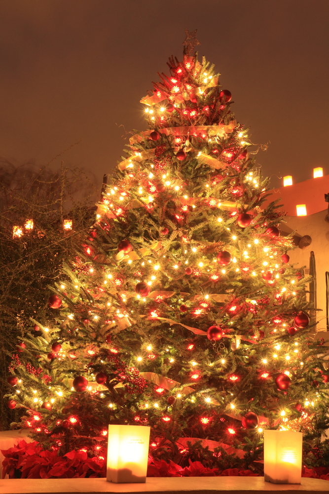 a Christmas tree lit outside with red and white lights, gold ribbon, standing tall surrounded by lit lamps 