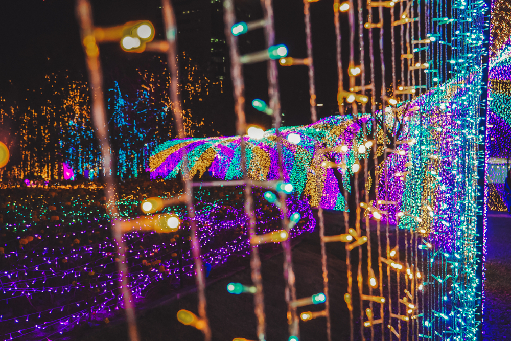 Strings of colorful LED create an archway during a light show similar to the one in Pine Mountain, one of the best Christmas towns in Georgia.