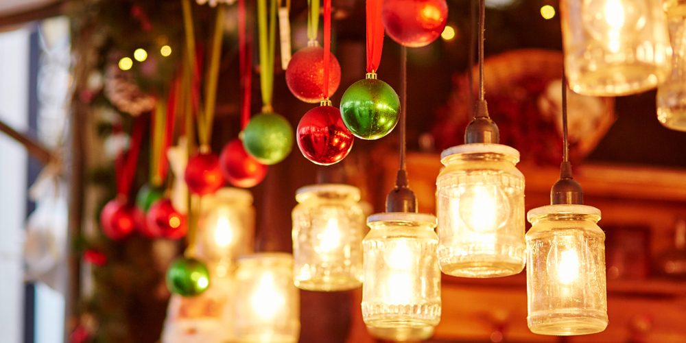 lights and Christmas decorations hand from the ceiling 