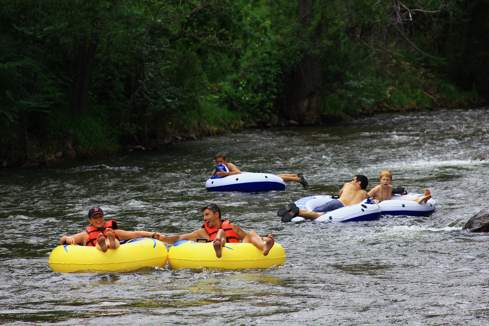 a group enjoying some mild rapids on bright tubes and in vibrant green wilderness, home to some of the best tubing in North Carolina