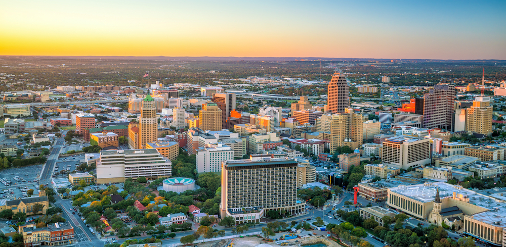 An aerial view of the city buildings in San Antonio, where lots of people are living in Texas.