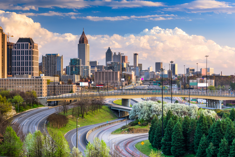 view of city skyline and roads in foreground, cloudy day living in Georgia  